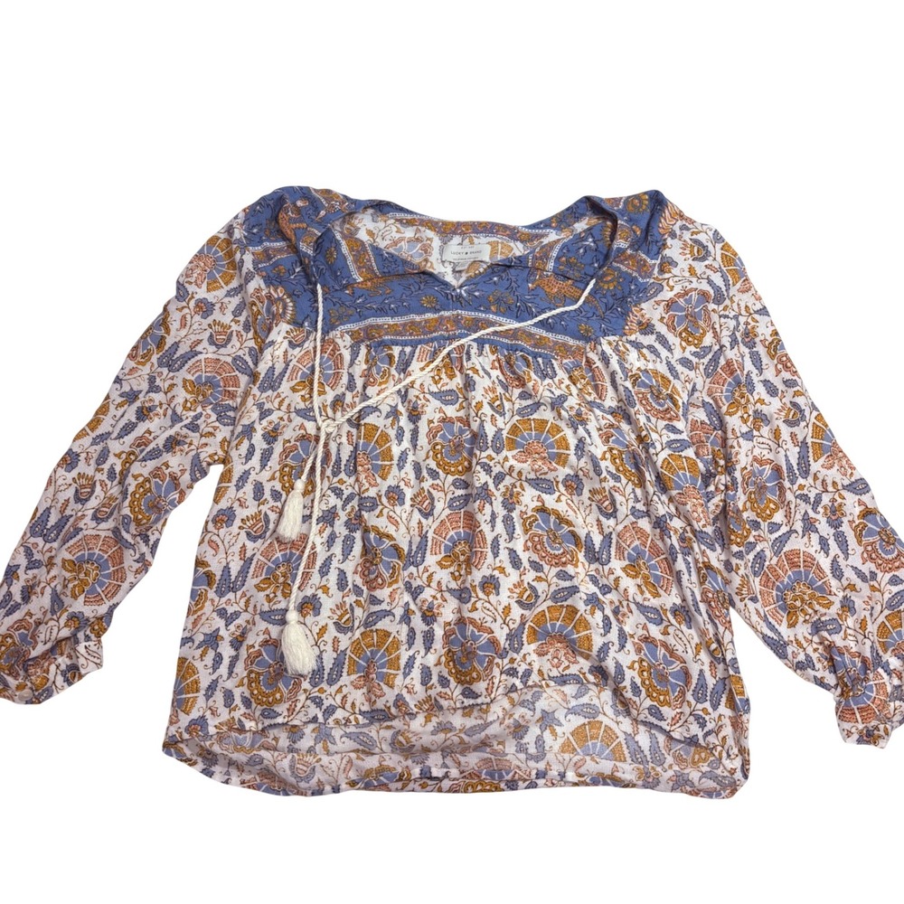 Lucky Brand Womens Blue Floral‎ Paisley Tassel Peasant Blouse Top Size M 1593
